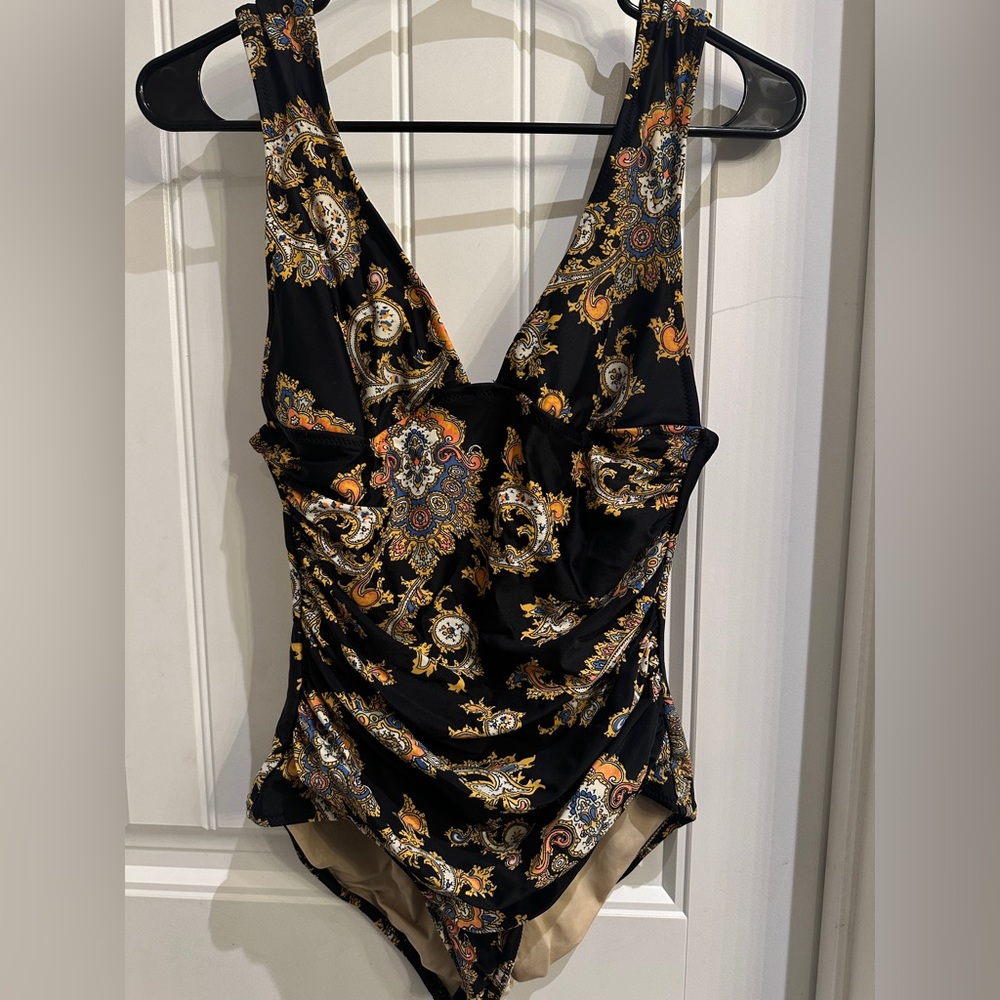 J. Crew Black and Gold Paisley Bodysuit